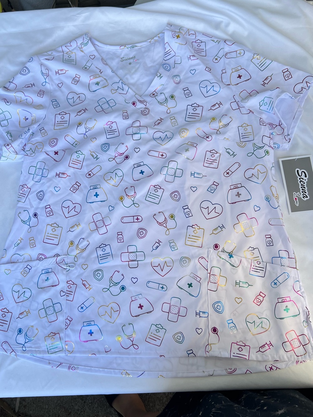 White V-Neck Scrub Top Metallic Rainbow Medical Healthcare Print New
